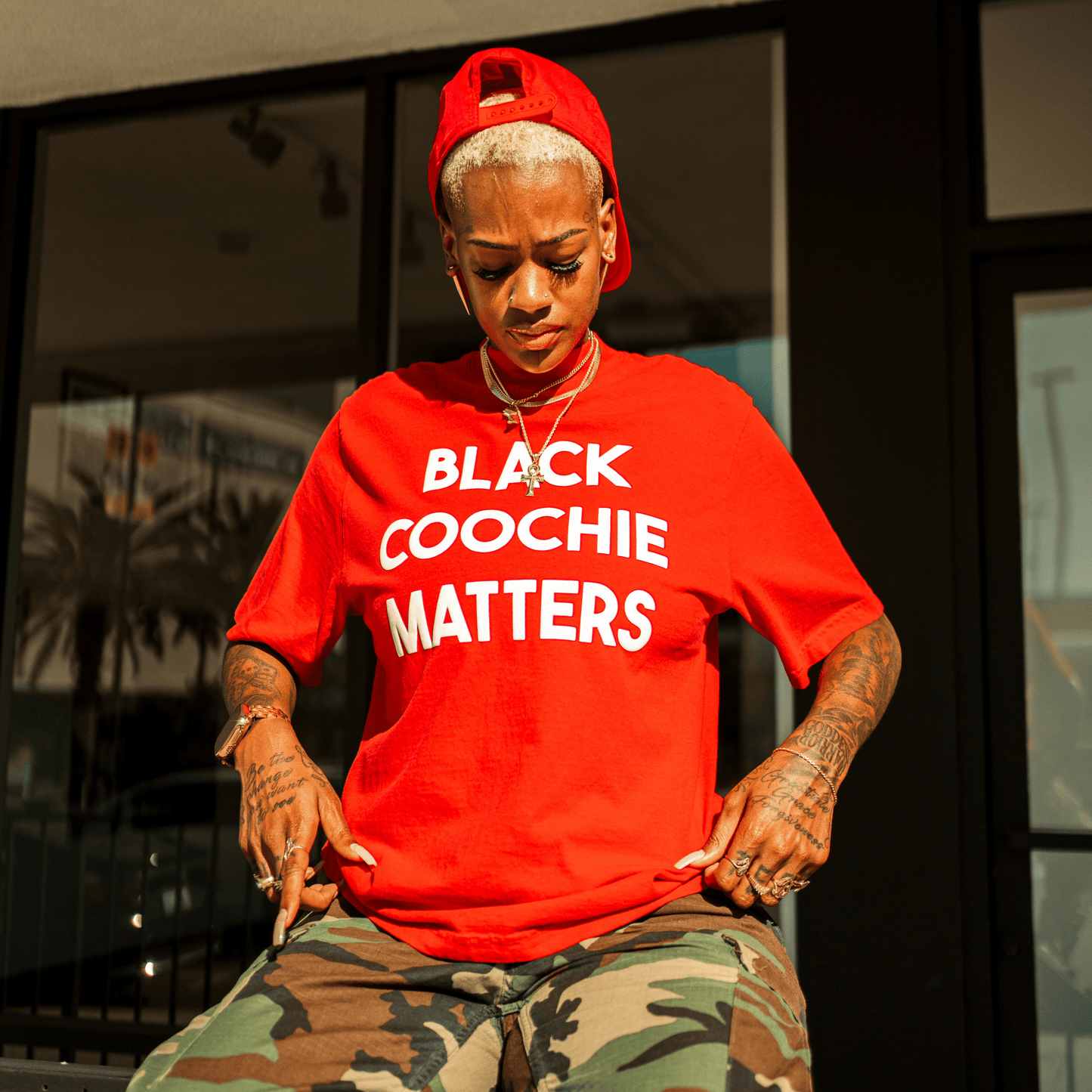 Black Coochie Matters Red Mockneck T-Shirt