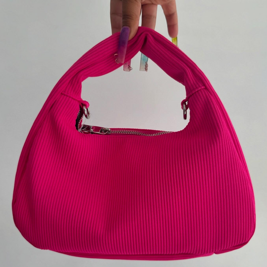 Hot Pink Ribbed Short Handle Zippered Handbag